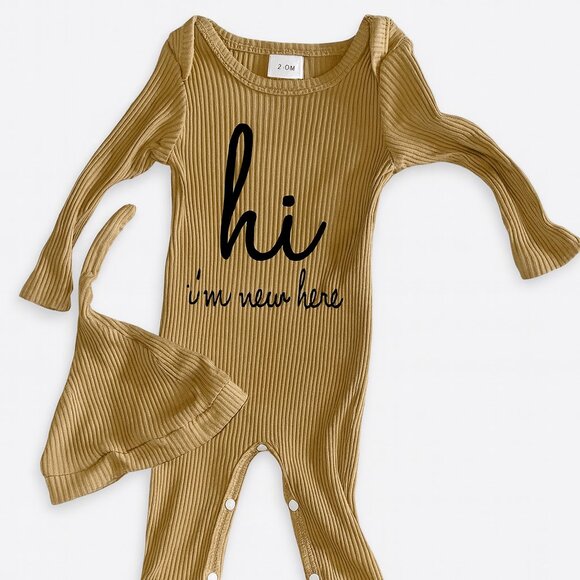Ribbed Romper & Hat Set 3-6M Hi I’m New Here Neutral Outfit Long Sleeve-KC117 - Picture 1 of 5